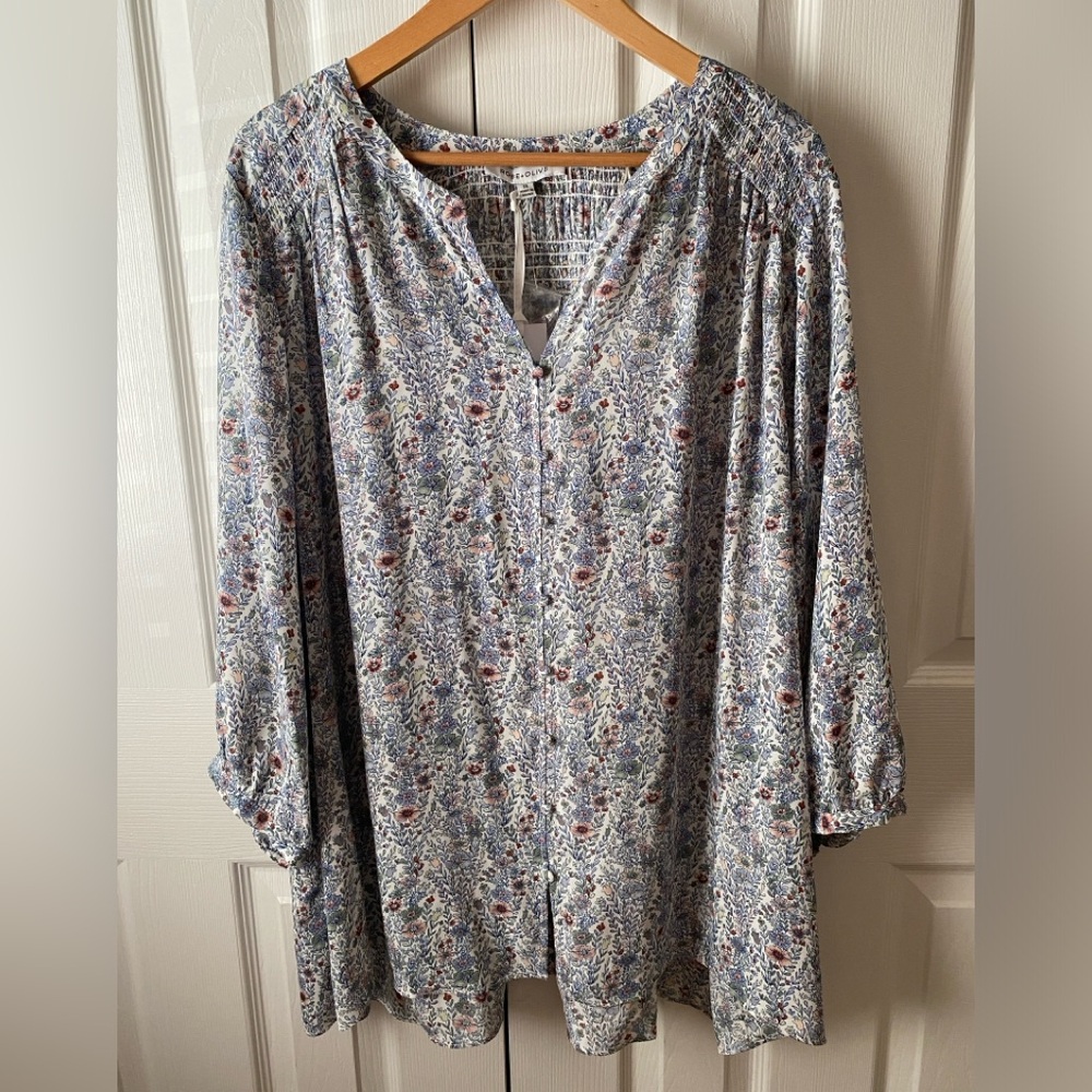 🆕ROSE+OLIVE Blue/Pink Ditsy Floral Print Boho Cottagecore Peasant Tunic Top 3X